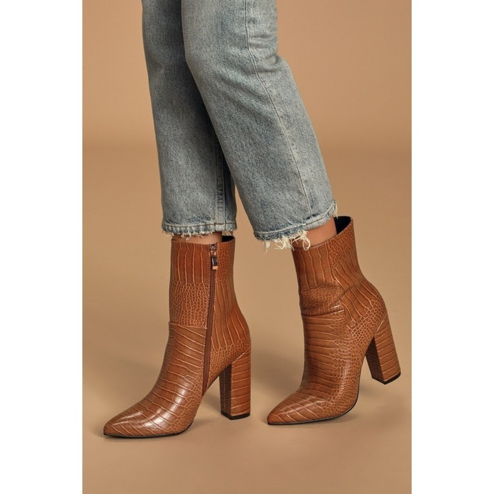 Lulus Dawson Tan Crocodile Pointed-toe Mid Calf Boots Brown - Size 6